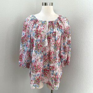 Chaps Womens Large Floral Peasant Blouse Boho Tassel Tie Shirt Top 3/4 Sleeve